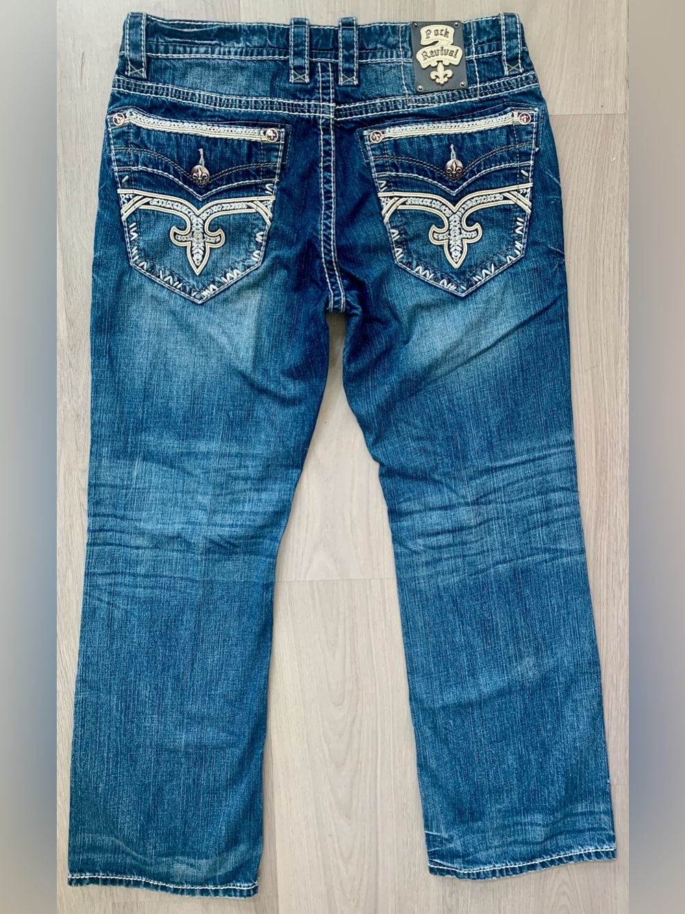 Rock Revival Potts Bootcut Dark Blue Denim Jeans with Cream Embroidery